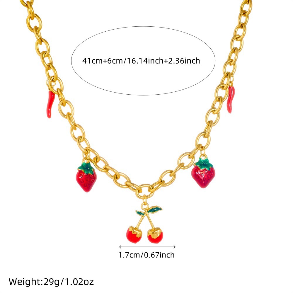 European and American style high-end multi-element pendant with dripping strawberry and cherry fruit accessories stainless steel chain necklace