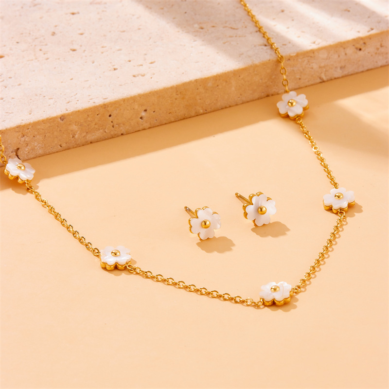 European and American style retro white shell flower accessories chain stainless steel bracelet earring necklace jewelry set