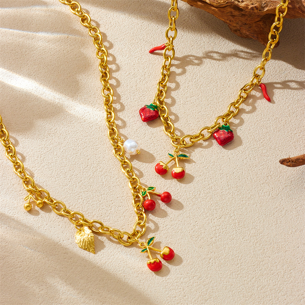 European and American style high-end multi-element pendant with dripping strawberry and cherry fruit accessories stainless steel chain necklace