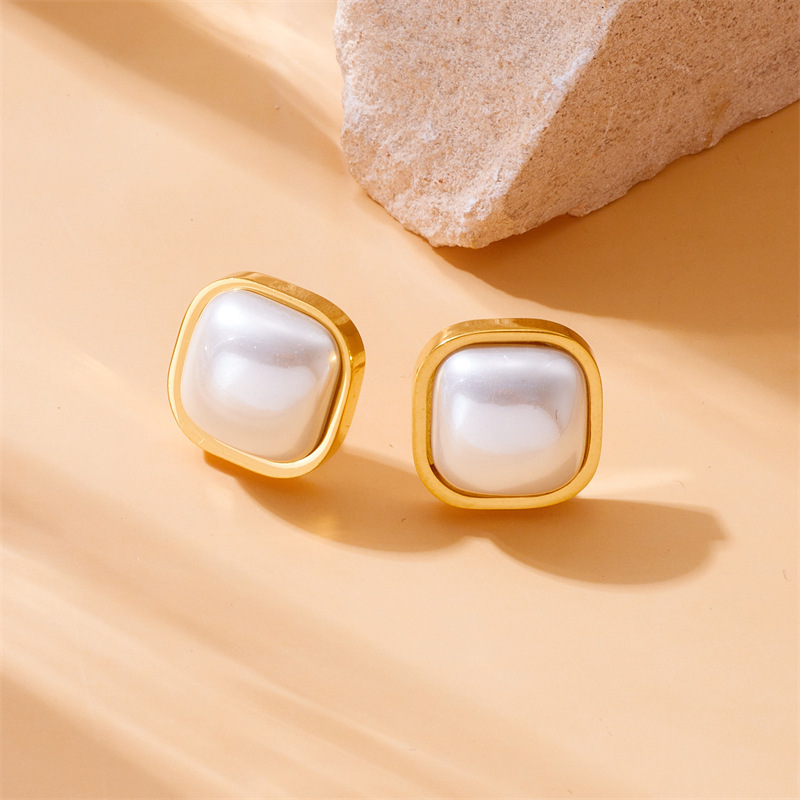 Korean style minimalist retro square gold-plated pearl accessories stainless steel earrings