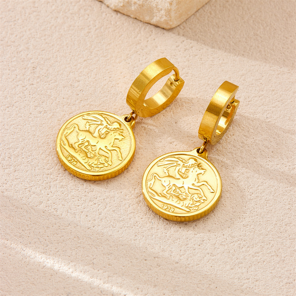 European and American cross-border fashion gold-plated retro abstract figure pattern round coin pendant stainless steel metal earrings