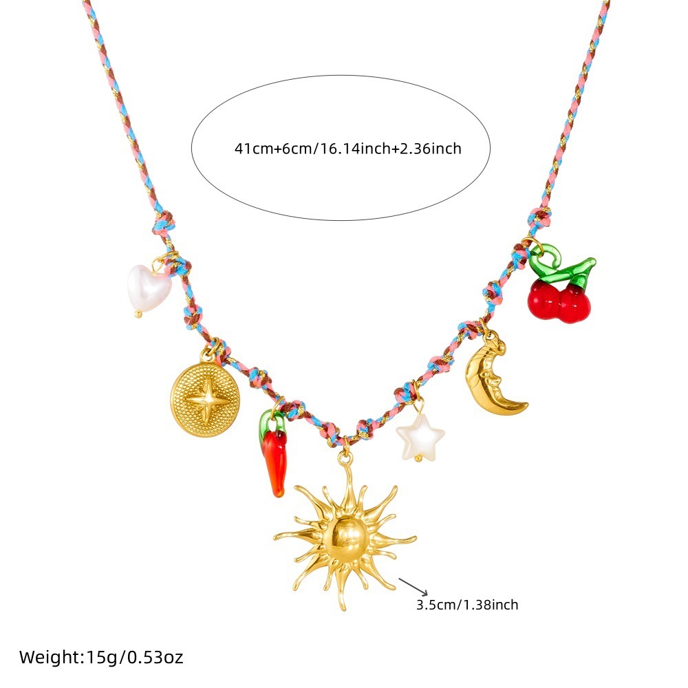 Cross-border fashion creative personalized multi-element gold-plated sun, moon, compass, star, chili pepper pendant woven necklace