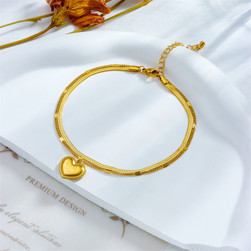 European and American style, simple and retro, high-grade metal titanium steel double-layer chain heart engraved pendant, versatile anklet