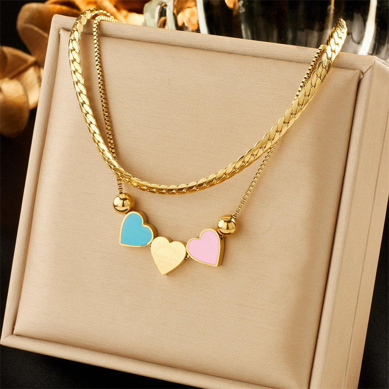 European and American style niche minimalist design heart-shaped eye rhinestone and colorful beaded chain necklace