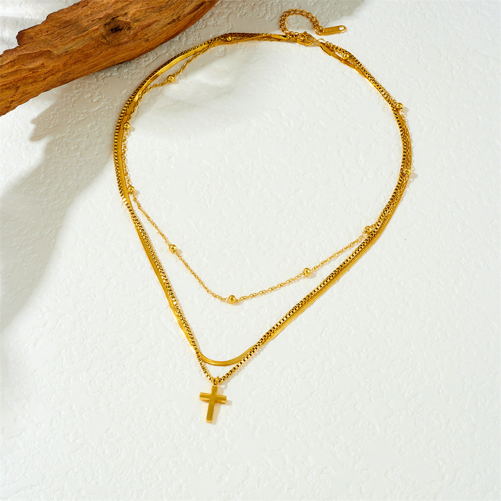Cross-border fashion niche versatile gold-plated multi-layered clavicle chain cross stainless steel pendant unisex necklace