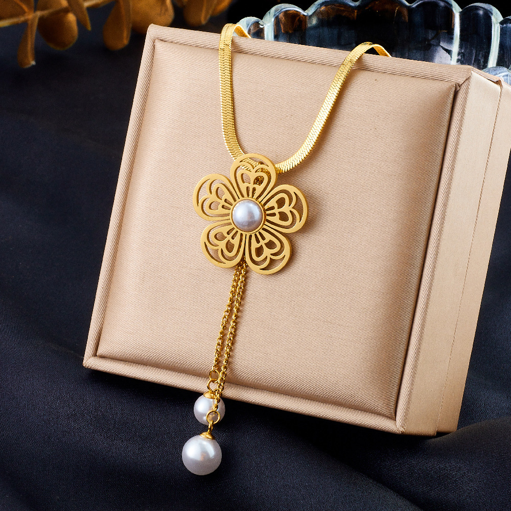New Chinese Style Fashionable Pearl Hollowed-Out Flower Tassel Chain Stainless Steel Necklace and Earrings Jewelry Set