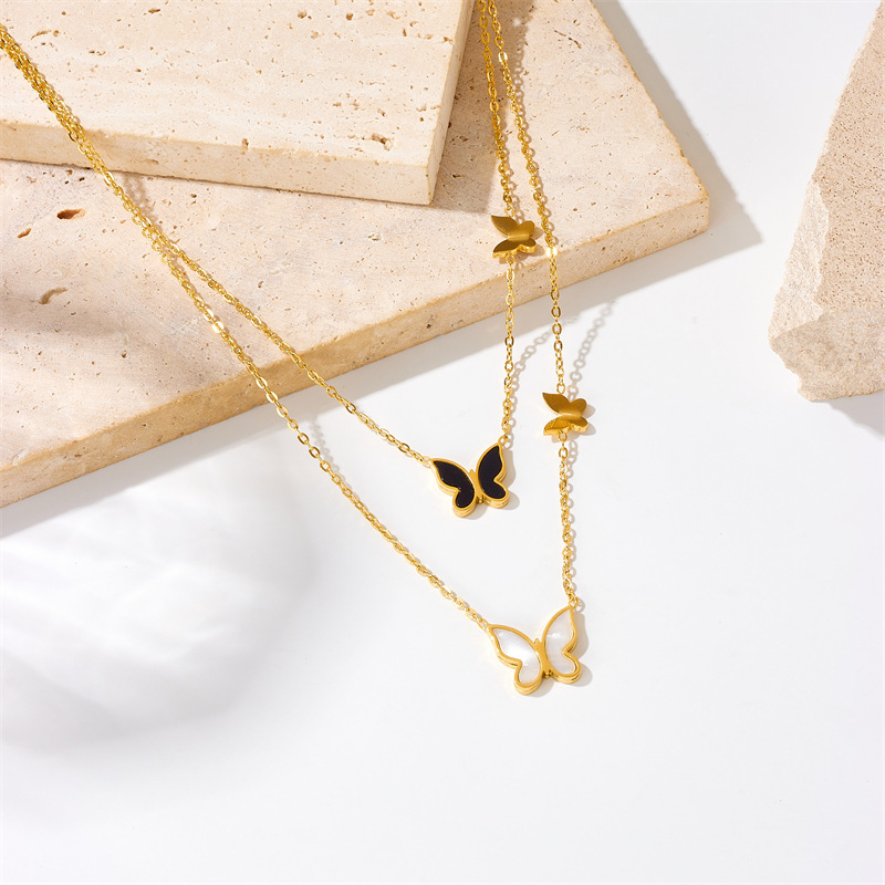 European and American style niche black and white glossy three-dimensional butterfly double chain stainless steel gold-plated jewelry necklace