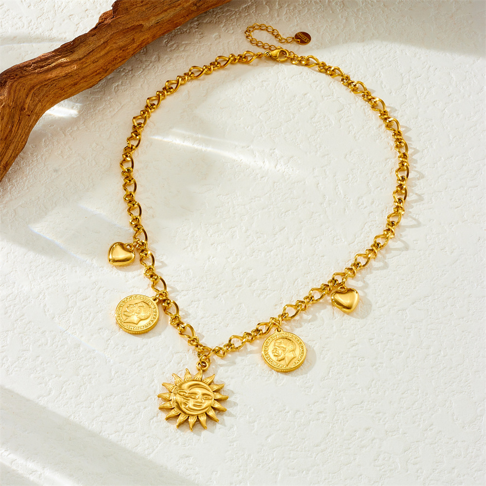 European and American cross-border personalized punk sun face round coin heart pendant chain stainless steel chunky necklace