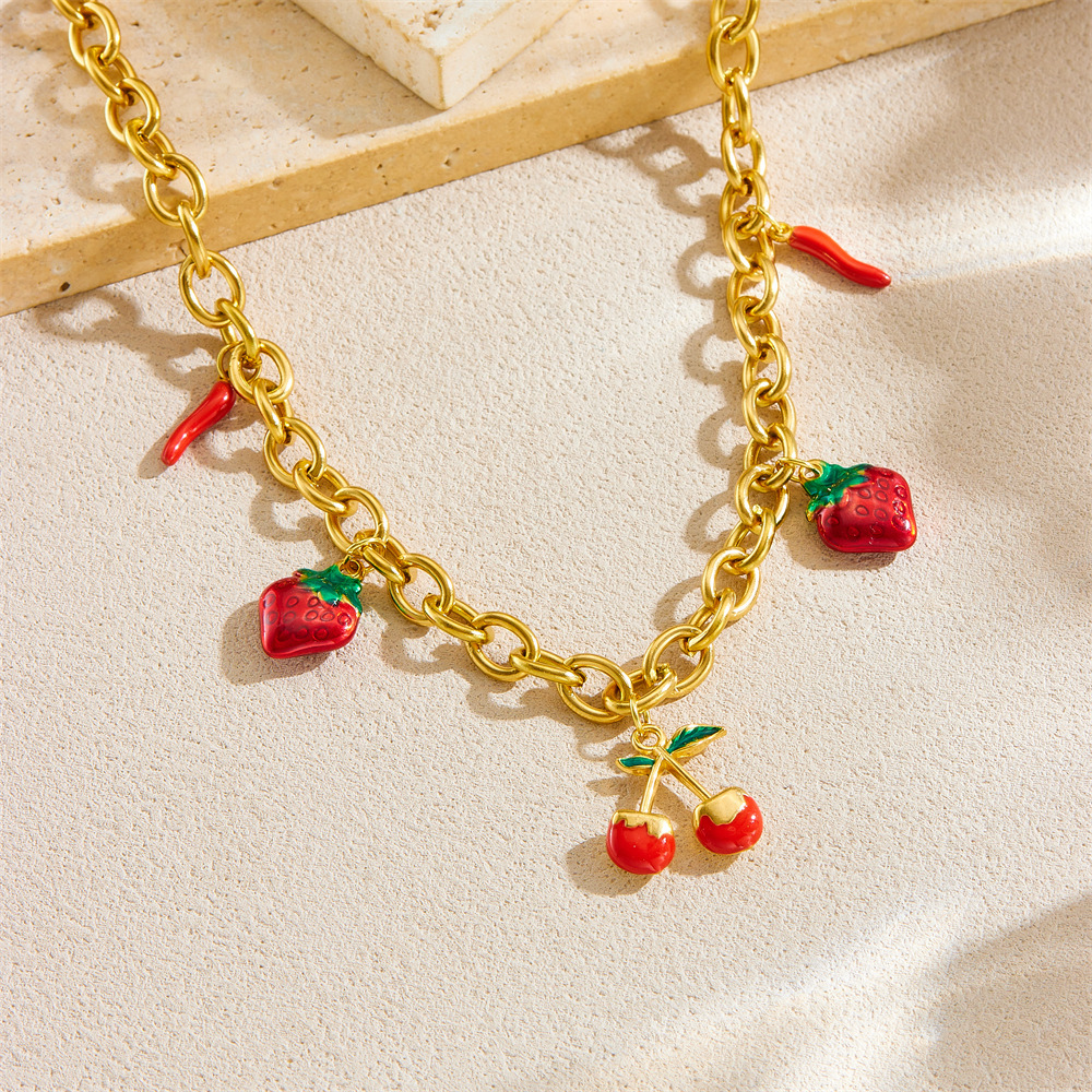 European and American style high-end multi-element pendant with dripping strawberry and cherry fruit accessories stainless steel chain necklace