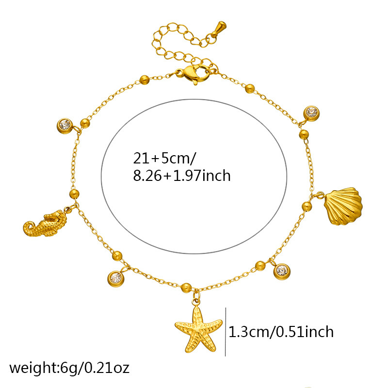 New cross-border ocean series accessories, stainless steel starfish, scallop, seahorse pendant chain with rhinestones, anklet for women.