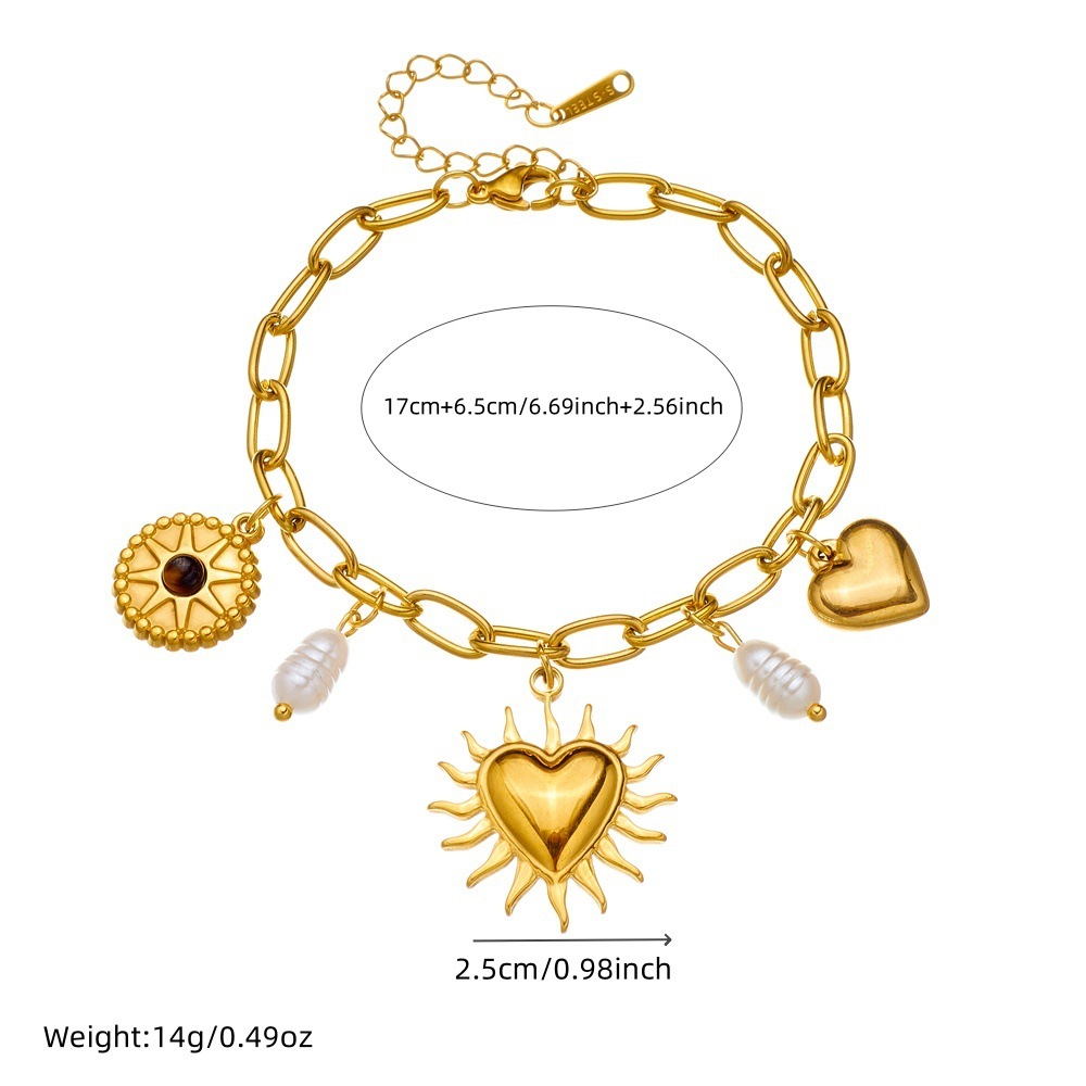 New cross-border style gold-plated retro high-end pearl heart sunflower pendant chain stainless steel jewelry bracelet