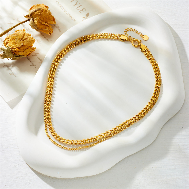 European and American style minimalist punk hip-hop double-layer chain gold-plated stainless steel women's jewelry necklace