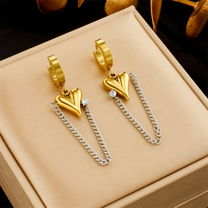 Stylish, sophisticated, and luxurious long chain earrings with diamond-encrusted heart pendant, gold-plated titanium steel.