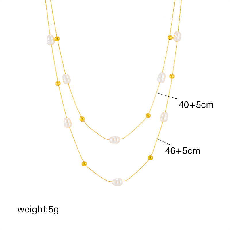 European and American minimalist, elegant, retro, versatile gold round pearl delicate chain double-layer titanium steel clavicle necklace