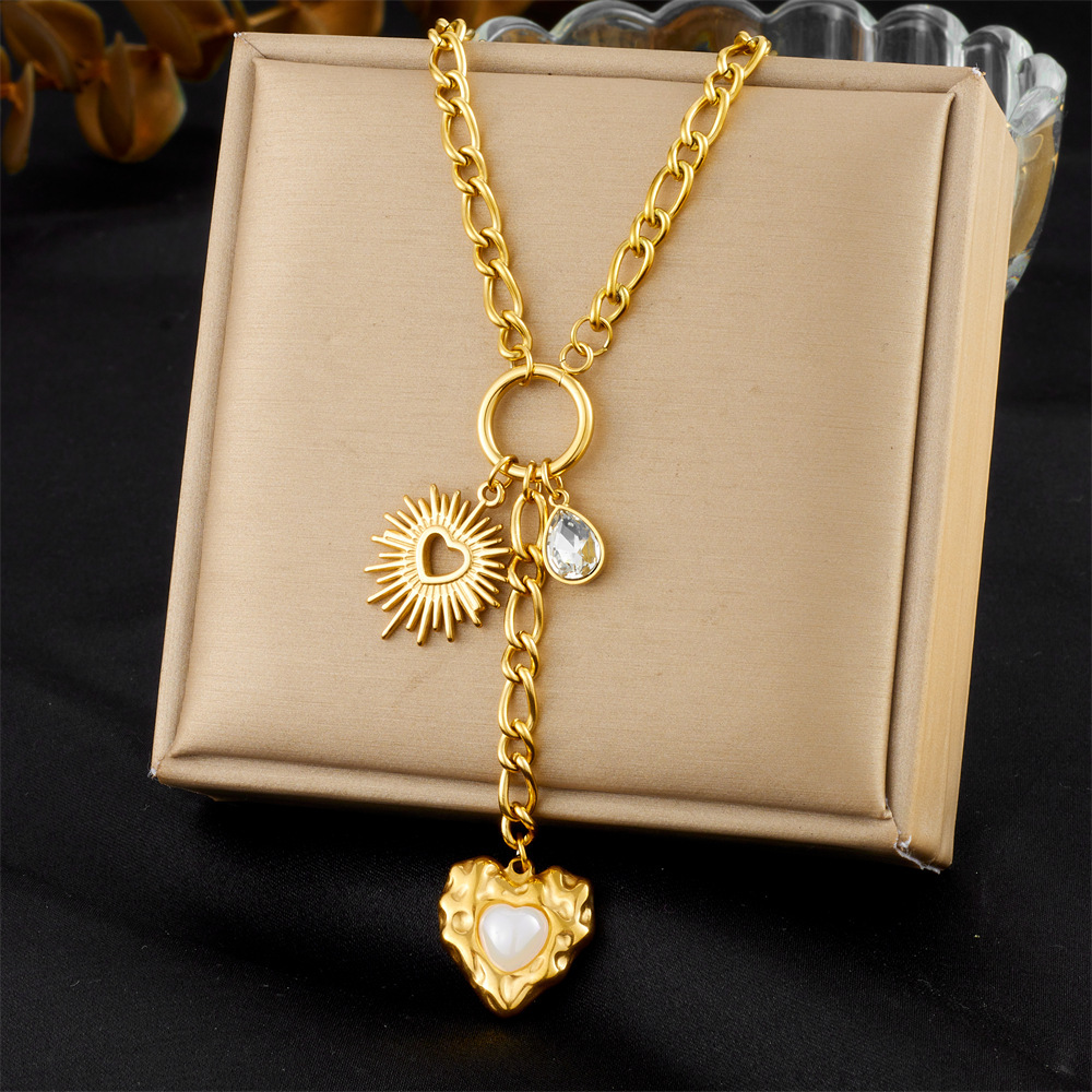 Fashionable cross-border stainless steel long tassel round pendant flower sun moon teardrop rhinestone heart clavicle chain, new spring/summer style necklace.