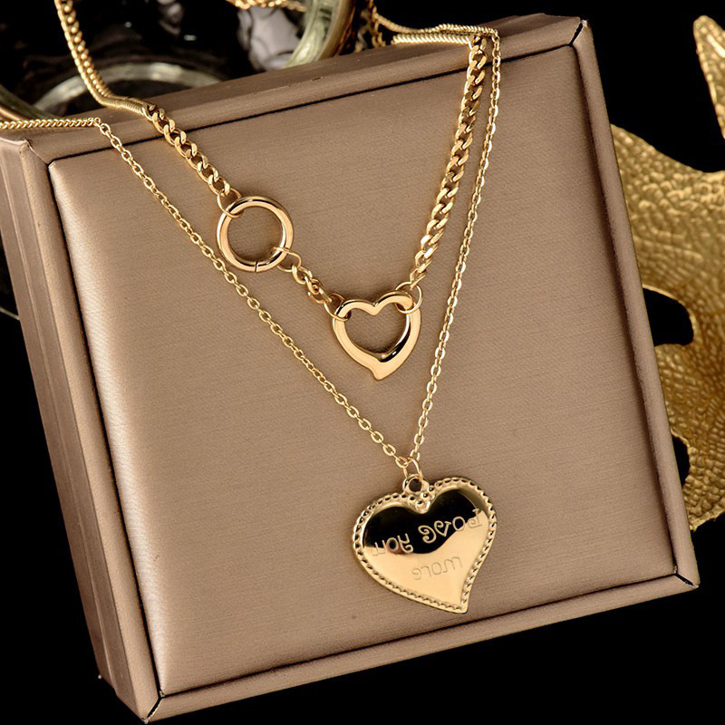 European and American cross-border double-layered titanium steel non-fading fashion versatile simple heart engraved pendant irregular necklace