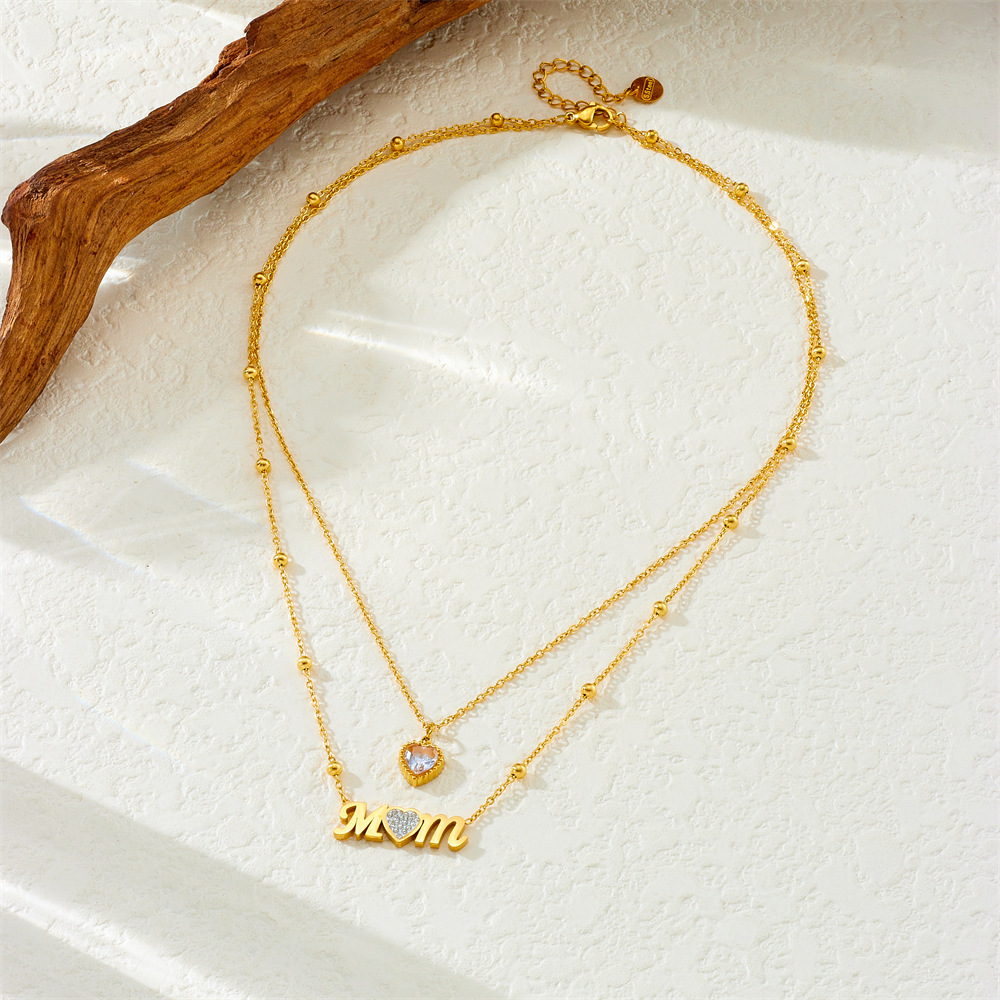 New cross-border fashion minimalist diamond-encrusted MOM heart-shaped accessory chain stainless steel clavicle necklace