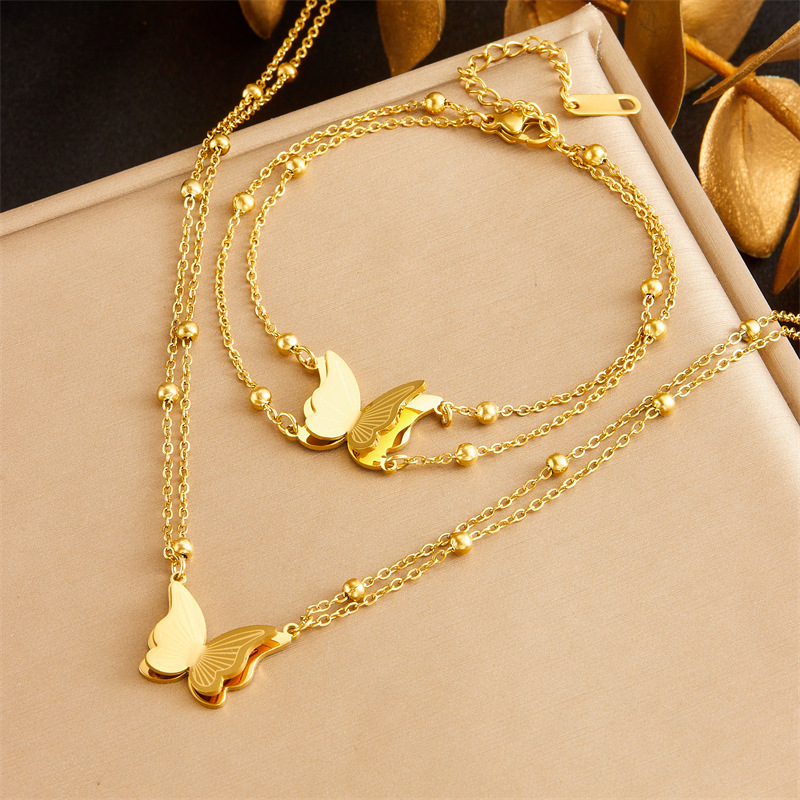 Cross-border hot-selling stainless steel butterfly double-layer beaded necklace and bracelet set, fashionable titanium steel non-fading butterfly set