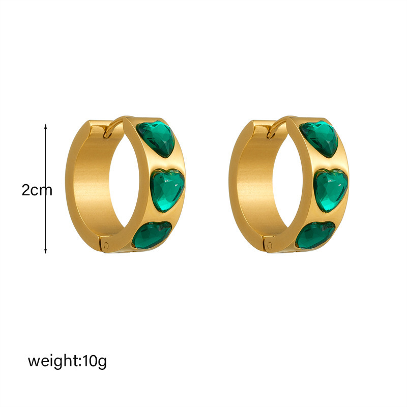 Cross-border fashion, light luxury, retro style, diamond-encrusted emerald heart-shaped glass rhinestone wide gold-plated round stainless steel earrings