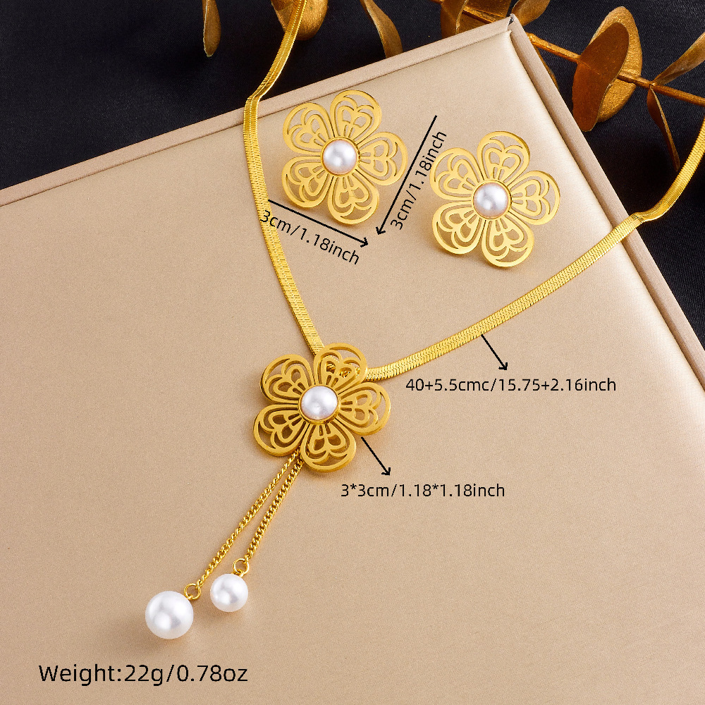 New Chinese Style Fashionable Pearl Hollowed-Out Flower Tassel Chain Stainless Steel Necklace and Earrings Jewelry Set