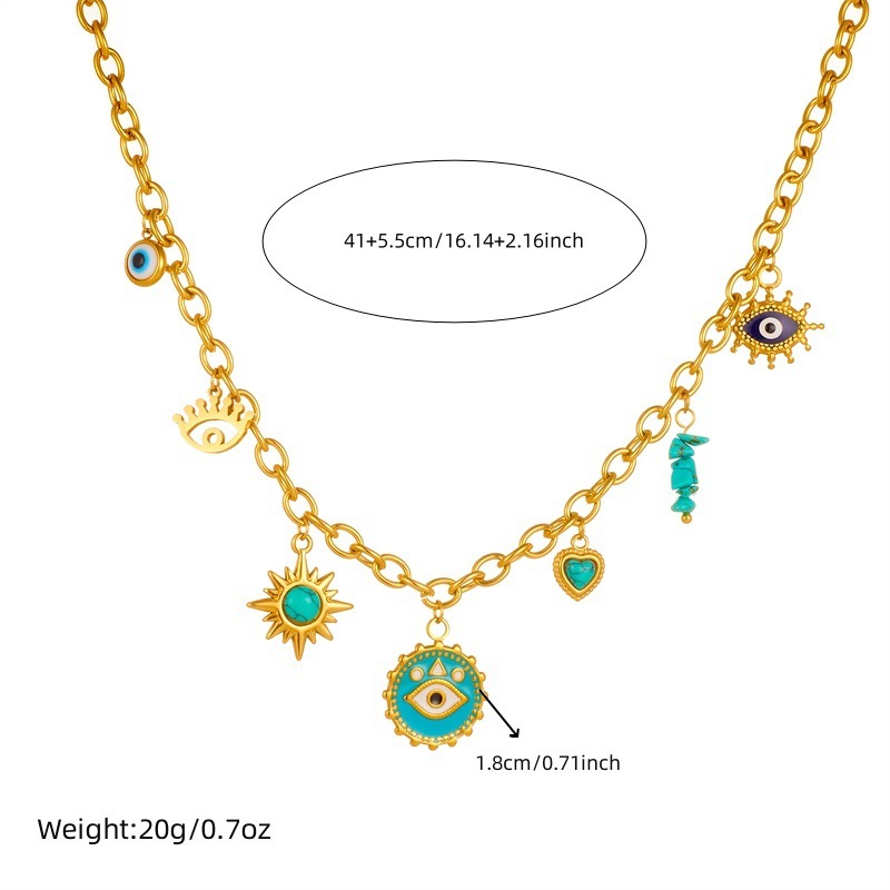 Fashionable retro cross-border new style blue turquoise heart sun star drop eye pendant chain stainless steel necklace