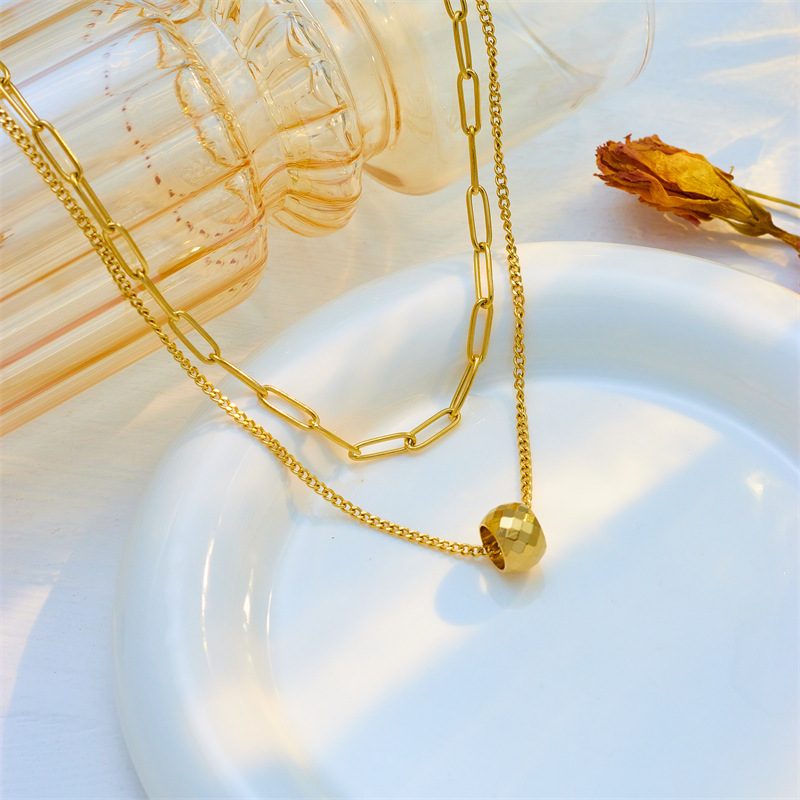 European and American style, simple and luxurious, double-layered faceted beaded pendant chain titanium steel necklace