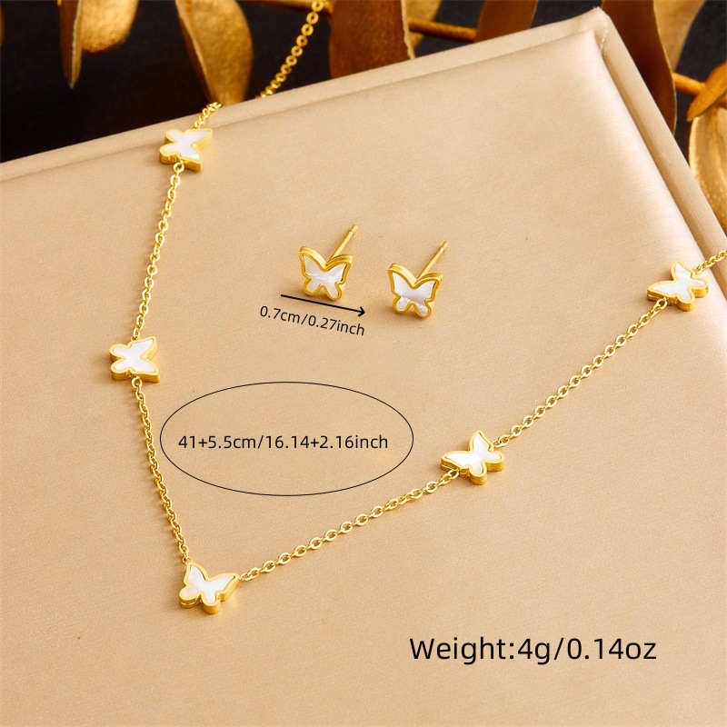 Korean style, fashionable, simple, elegant white shell butterfly accessory chain bracelet earring necklace stainless steel jewelry set
