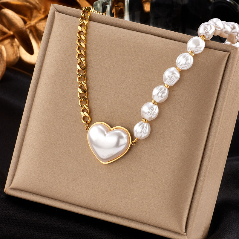 European and American cross-border beaded chain splicing pearl heart pearl titanium steel metal necklace fashion niche punk choker