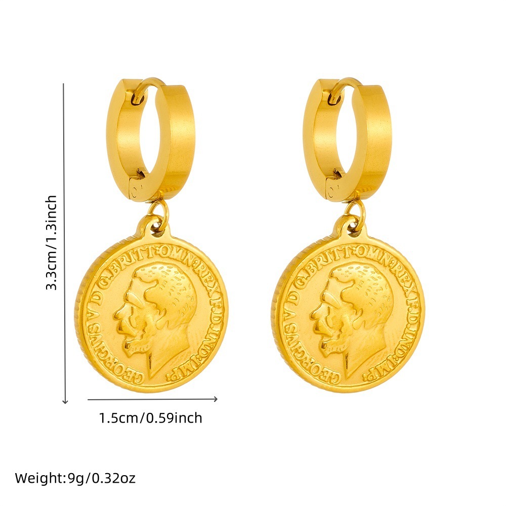 European and American cross-border fashion gold-plated retro abstract figure pattern round coin pendant stainless steel metal earrings