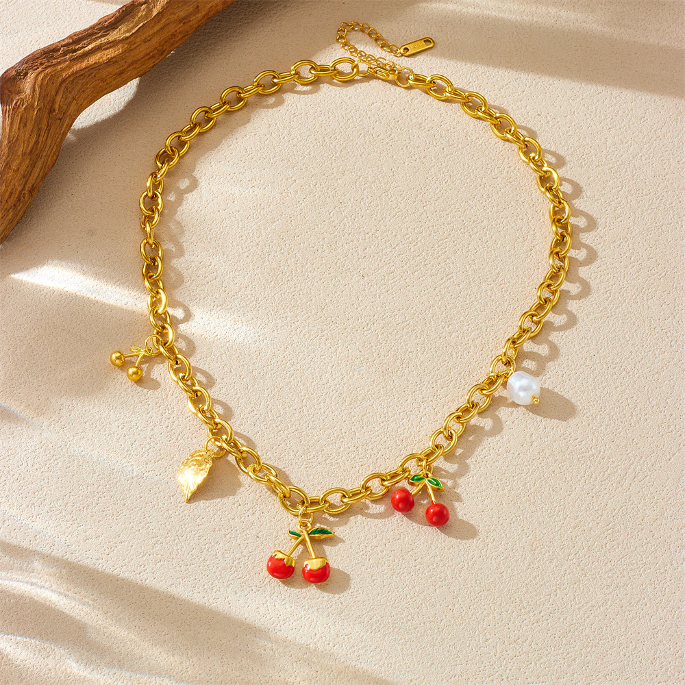 European and American style high-end multi-element pendant with dripping strawberry and cherry fruit accessories stainless steel chain necklace