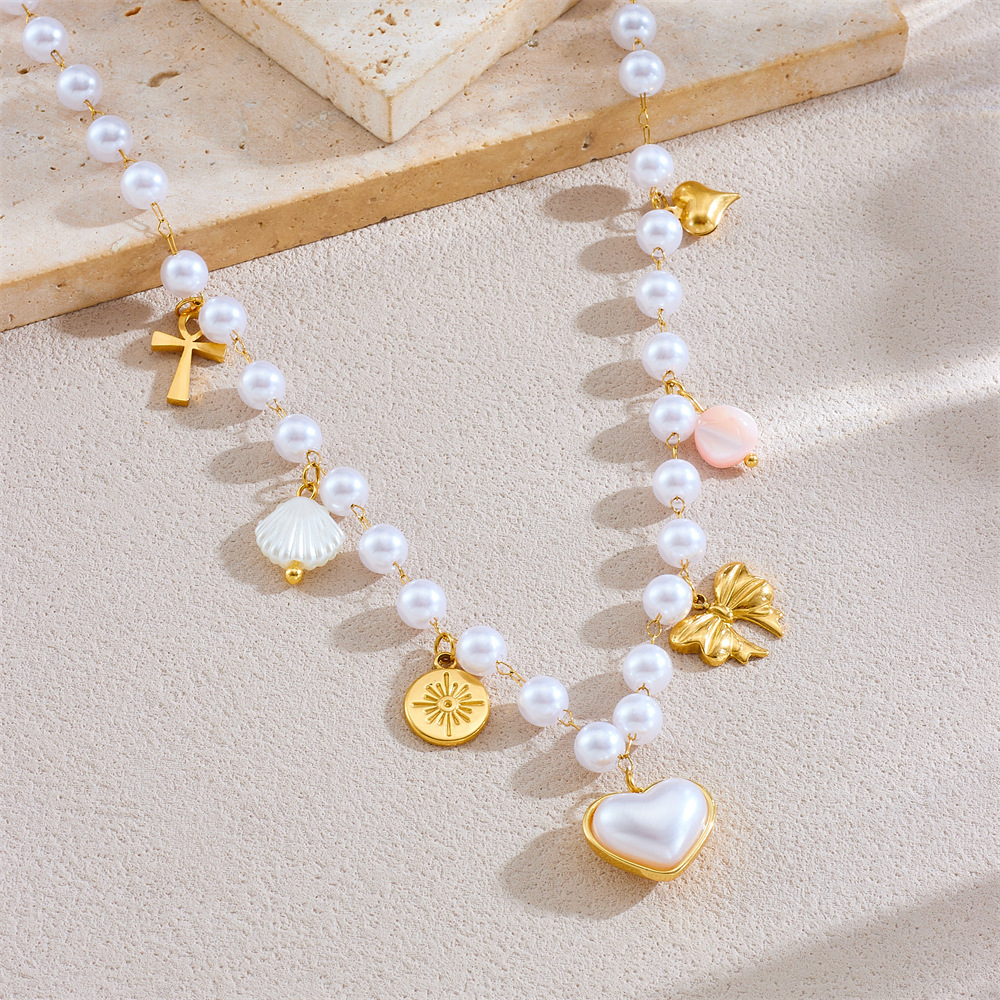 Korean Dongdaemun imitation pearl chain scallop heart bow star pendant stainless steel accessory necklace