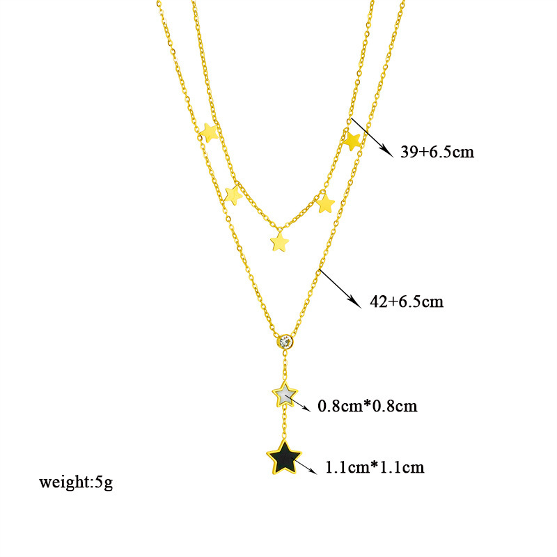 Korean style double-layered black and white five-pointed star diamond tassel pendant titanium steel versatile clavicle necklace clavicle chain