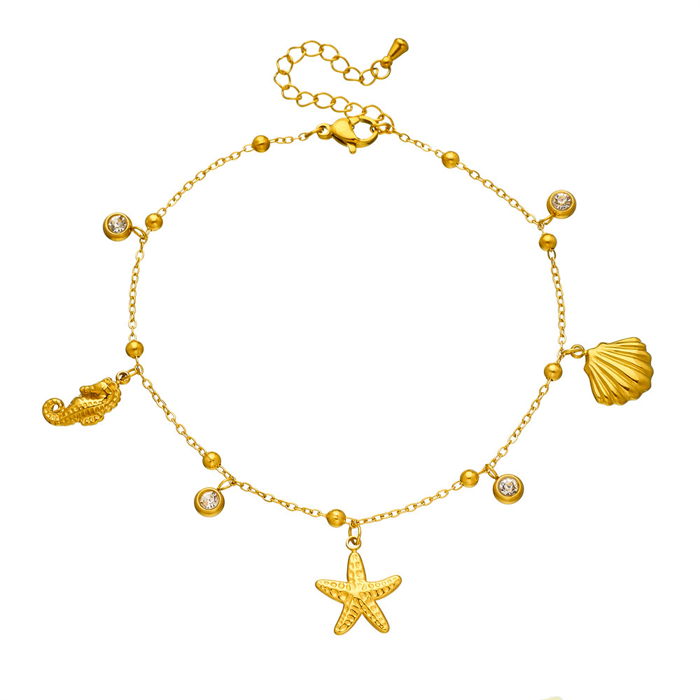 New cross-border ocean series accessories, stainless steel starfish, scallop, seahorse pendant chain with rhinestones, anklet for women.
