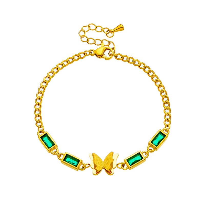 European and American style retro fashion minimalist green rhinestone square butterfly chain titanium steel jewelry versatile bracelet