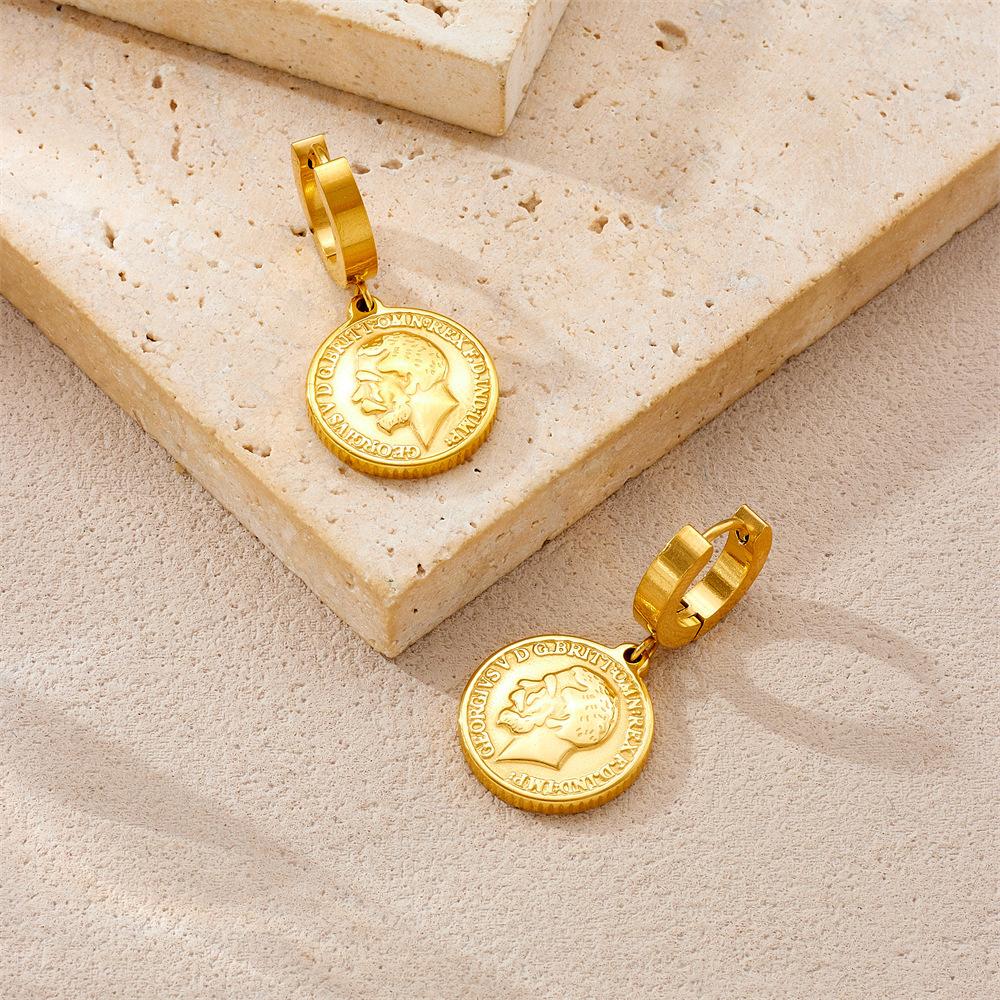 European and American cross-border fashion gold-plated retro abstract figure pattern round coin pendant stainless steel metal earrings
