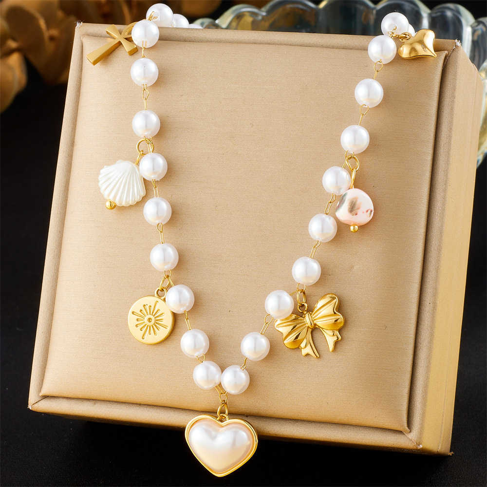 Korean Dongdaemun imitation pearl chain scallop heart bow star pendant stainless steel accessory necklace