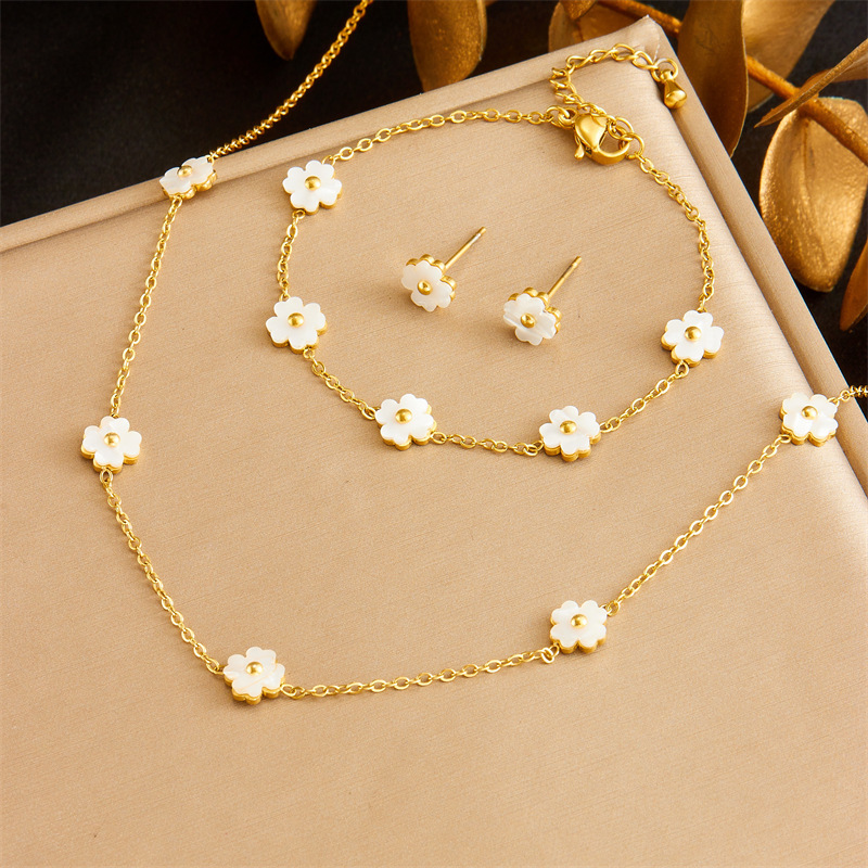 European and American style retro white shell flower accessories chain stainless steel bracelet earring necklace jewelry set
