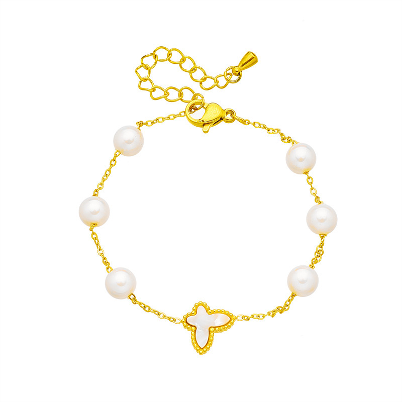 Korean style, fashionable and elegant, round pearl butterfly chain, titanium steel jewelry, simple and versatile retro bracelet.