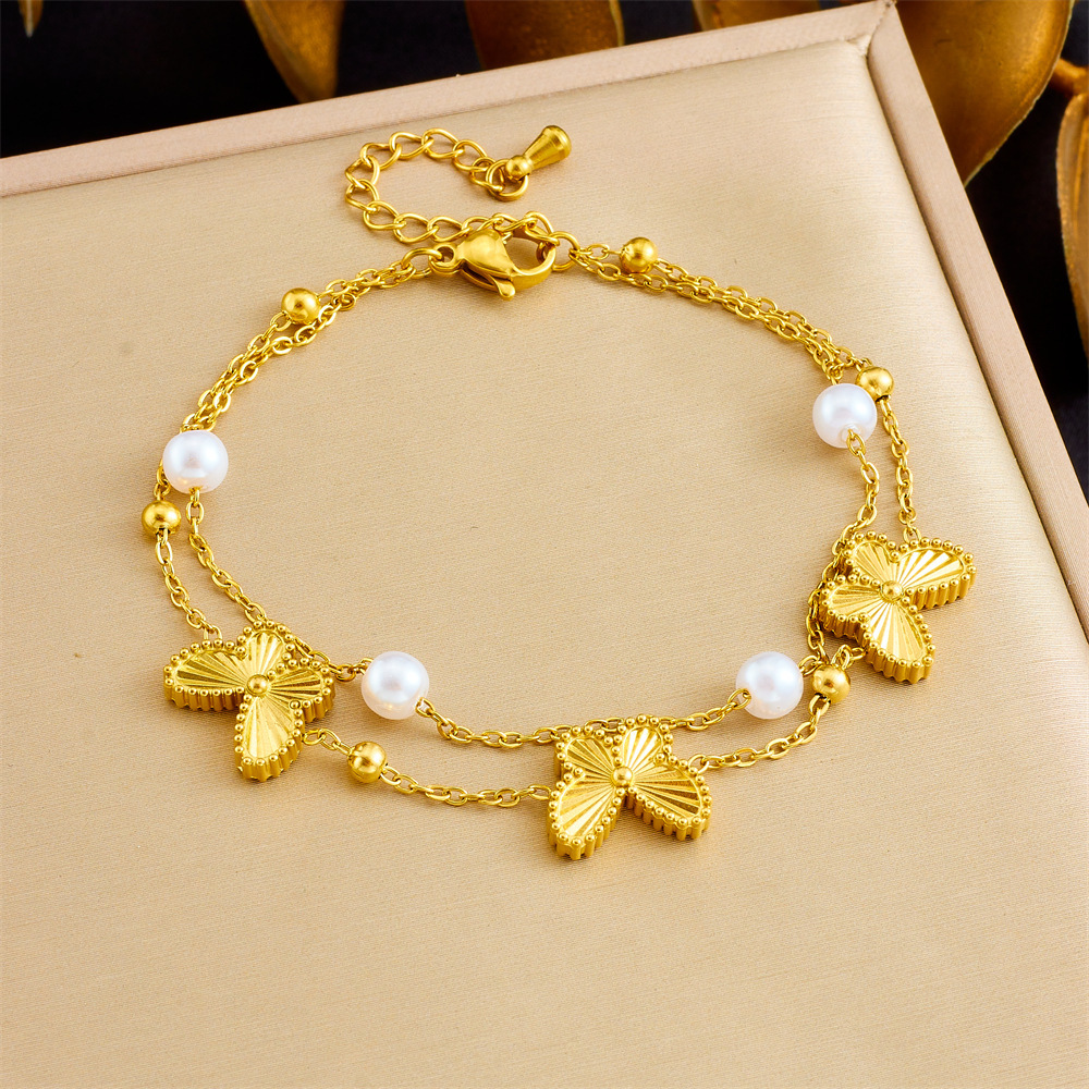 Korean style simple layered double stainless steel pearl bow accessory chain gold-plated butterfly women's jewelry bracelet
