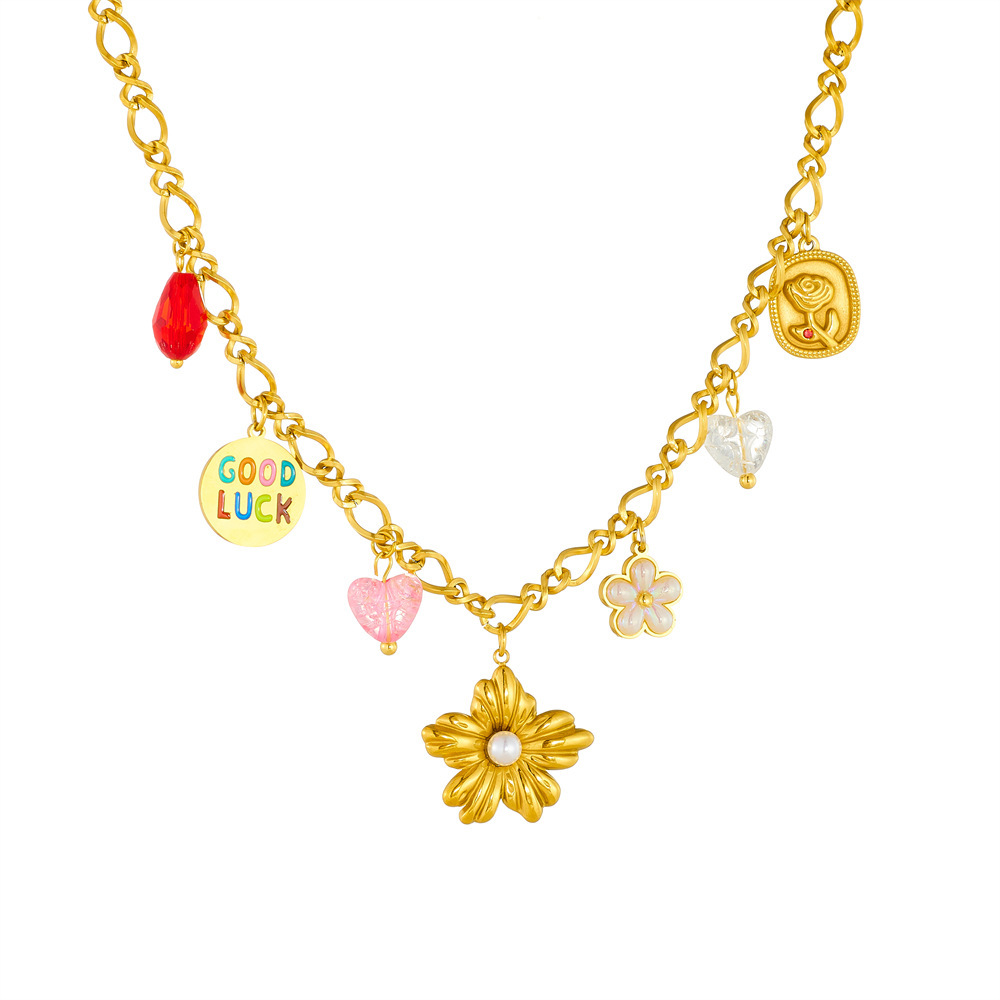 Korean style, fashionable, fresh and sweet, multi-element accessories, flower dripping oil, GOODLUCK round pendant stainless steel necklace