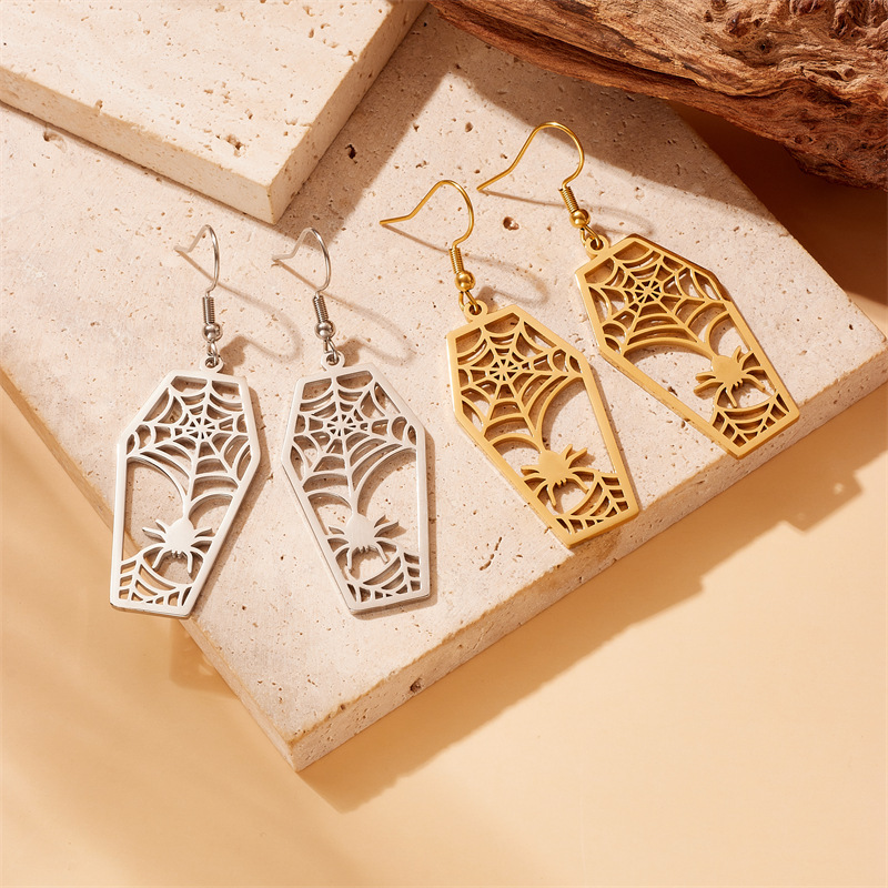 European and American cross-border fashion creative hexagonal hollow spider web gold-plated stainless steel pendant earrings
