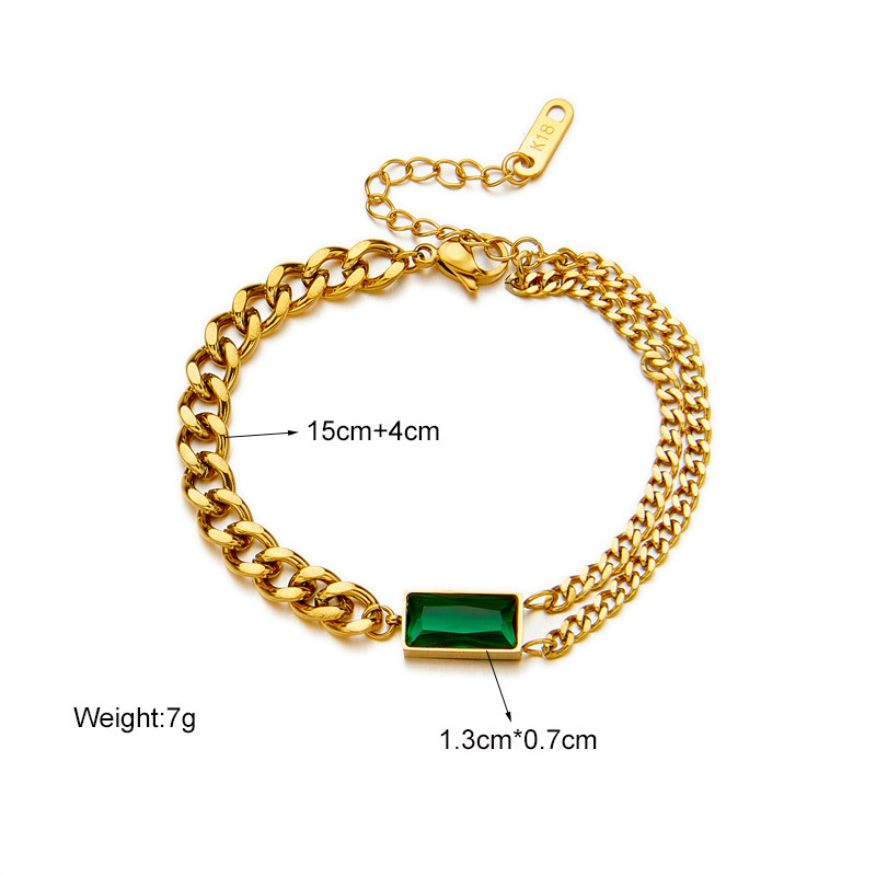 European and American style niche retro asymmetrical chain metal square green diamond accessory titanium steel jewelry versatile bracelet