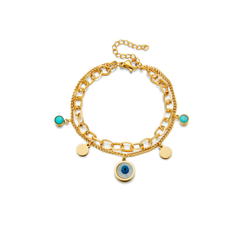 European and American style round pendant with blue eyes and turquoise, double-layer titanium steel metal retro bracelet