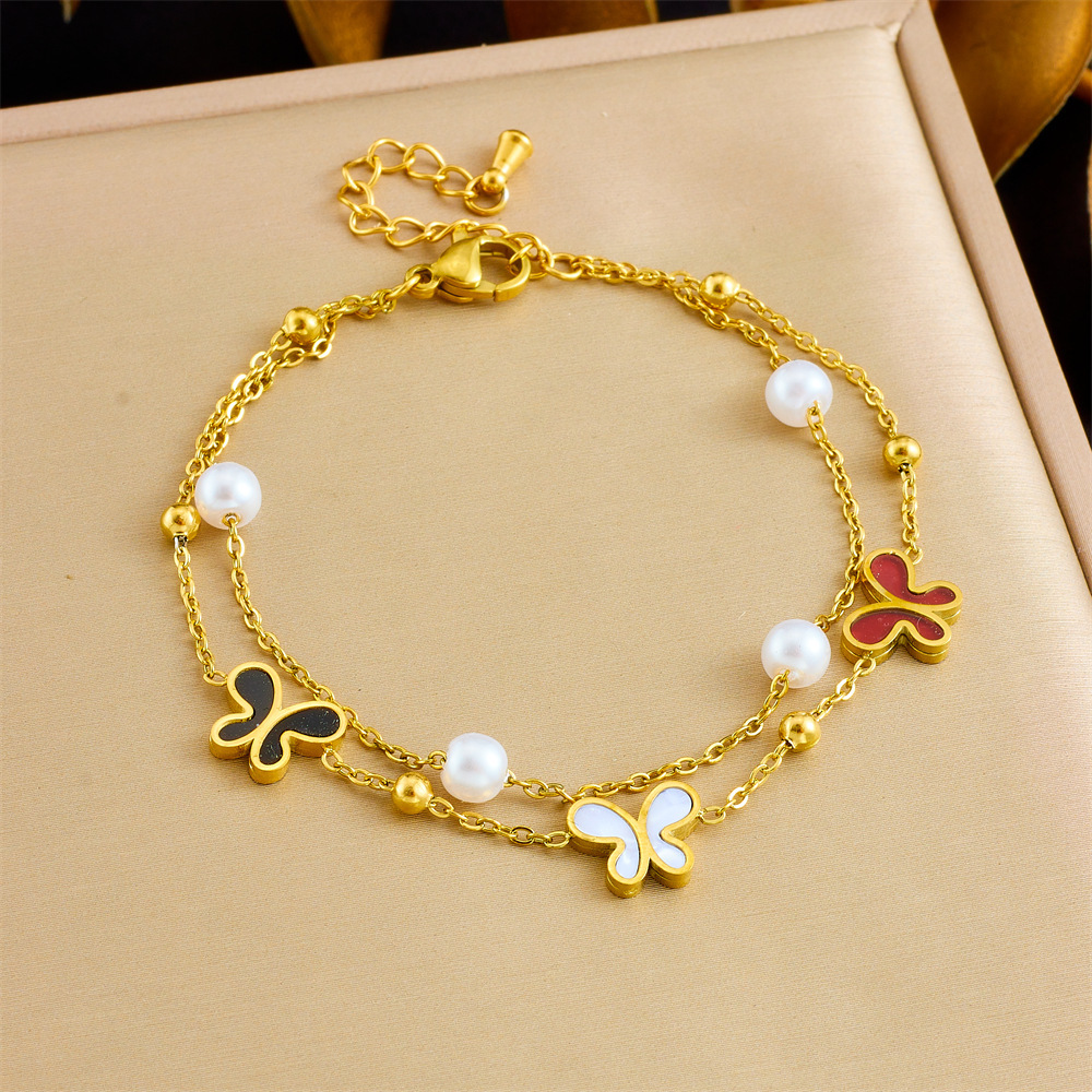 Korean style simple layered double stainless steel pearl bow accessory chain gold-plated butterfly women's jewelry bracelet