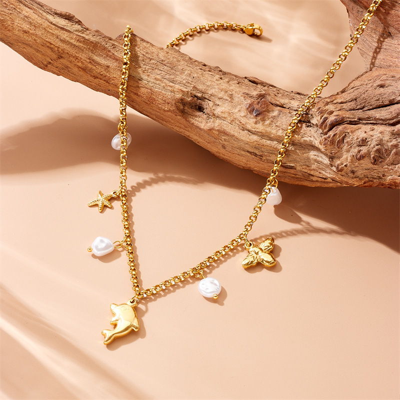 European and American cross-border niche ocean style pendant dolphin starfish pearl accessories chain stainless steel jewelry necklace