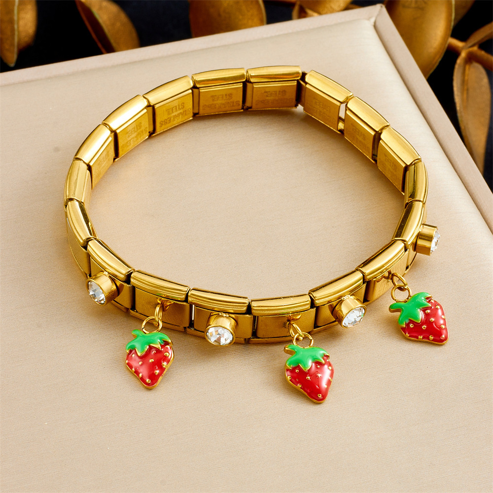 Cross-border fashion fruit series 3D simulated dripping cherry, strawberry, watermelon, rhinestone-encrusted stainless steel gold-plated bracelet