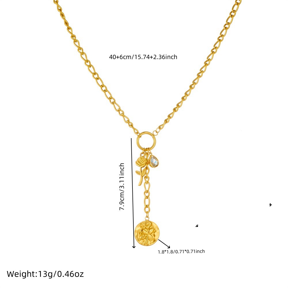Fashionable cross-border stainless steel long tassel round pendant flower sun moon teardrop rhinestone heart clavicle chain, new spring/summer style necklace.