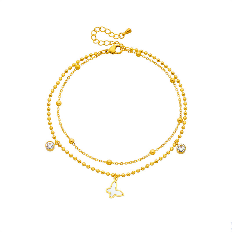 Korean style, fashionable, simple, retro, multi-layered beaded chain with diamond-encrusted butterfly pendant, stainless steel jewelry anklet.