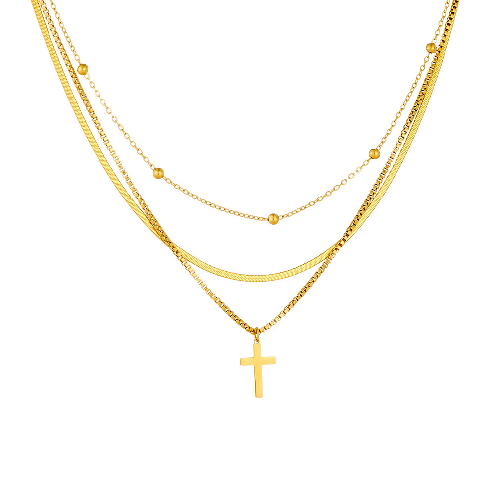 Cross-border fashion niche versatile gold-plated multi-layered clavicle chain cross stainless steel pendant unisex necklace