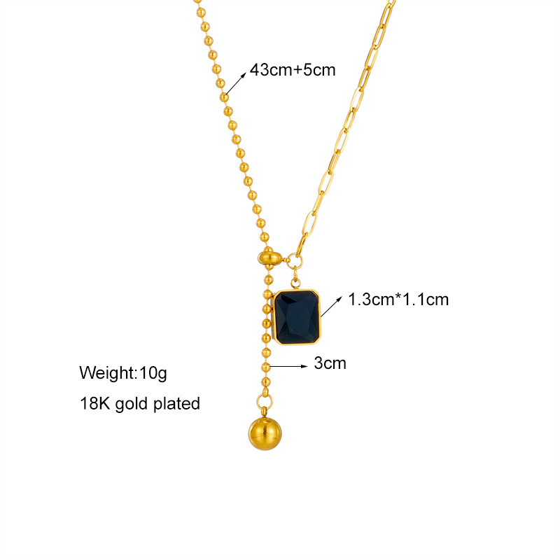 Korean style niche high-end minimalist metal titanium steel black square diamond round bead asymmetrical pull-out adjustable clavicle necklace